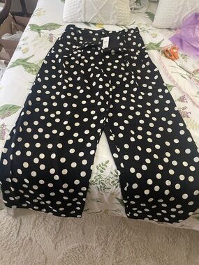 Ann Taylor Black Wide-Leg Pants with White Polka Dots